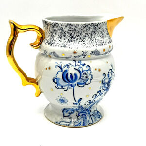 ANTHROPOLOGIE Fancy White Blue 21k Gold trim Floral Pitcher Vase. 8" inches tall